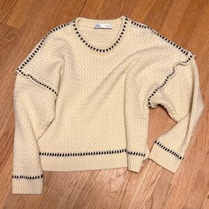 Zara Cream Contrast Topstitching Woven Knit Pullover Sweater